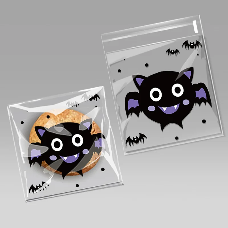 100pcs Cookie Bags Plastic Translucent Pumpkin Bat Halloween Party Favors Self-adhesive Candy Bag Gift Baking Packaging Bag