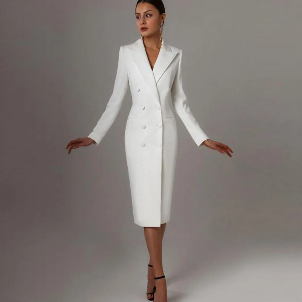 Double Breasted Long Suits Jacket Women White Ladies Prom Evening Guest Dresses Formal Party Mother Wear Custom Made Clothing