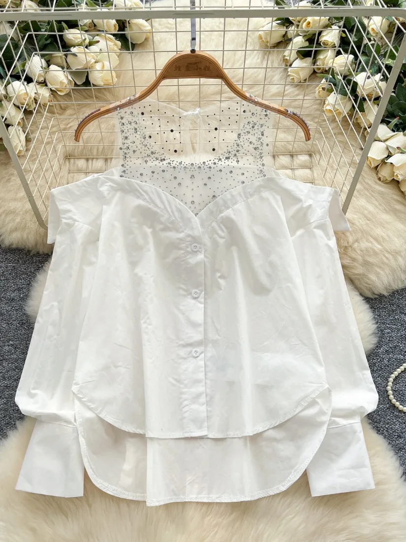 

Foamlina Элегантная прозрачная сетчатая лоскутная белая рубашка с бриллиантами, женская мода, свободные топы с круглым вырезом и длинными рукавами на пуговицах