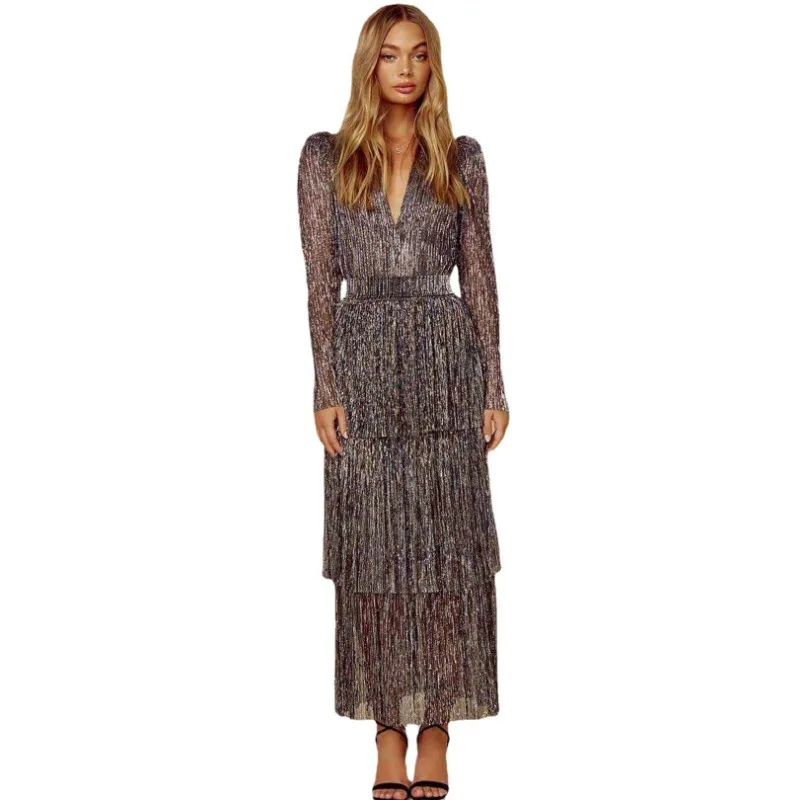 2023 Autumn Winter Dress Women Pleated Stitching High Waist Dress Women Puff Sleeve V-neck Irregular Evening Party Elegant Dress