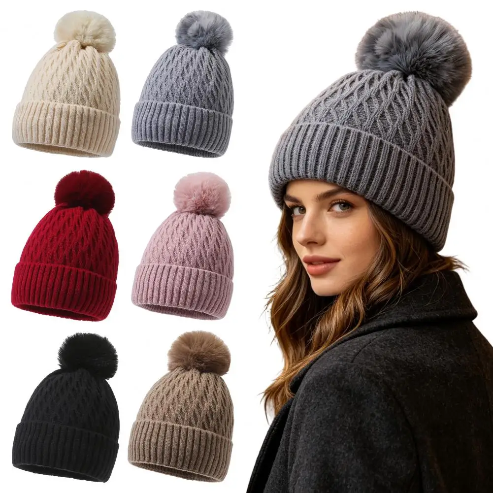 Durable Cable Knit Winter Hat Winter Cable Knit Hat with Fleece Lining Pom Pom Women’s Cozy Stretchy Skull Cap Warm Outdoor