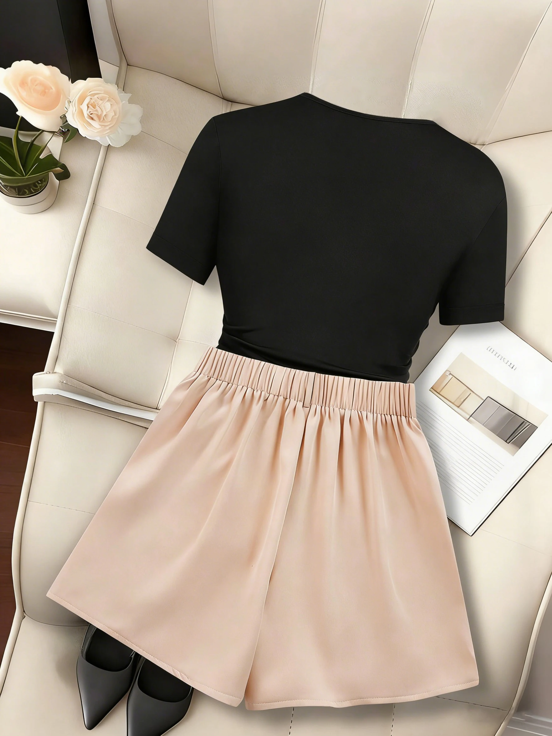 Ladies Elegant Decorative Button T-Shirt Shorts Set Fashionable Casual Outfit Women's Clothing Combo view 3