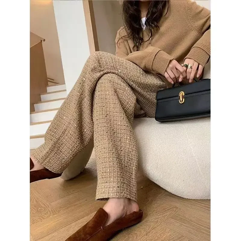 Early Autumn 2024 New Hiphop Drape Narrow Version Khaki Tweed Casual Pants for Women  and Winter techwear women Z242