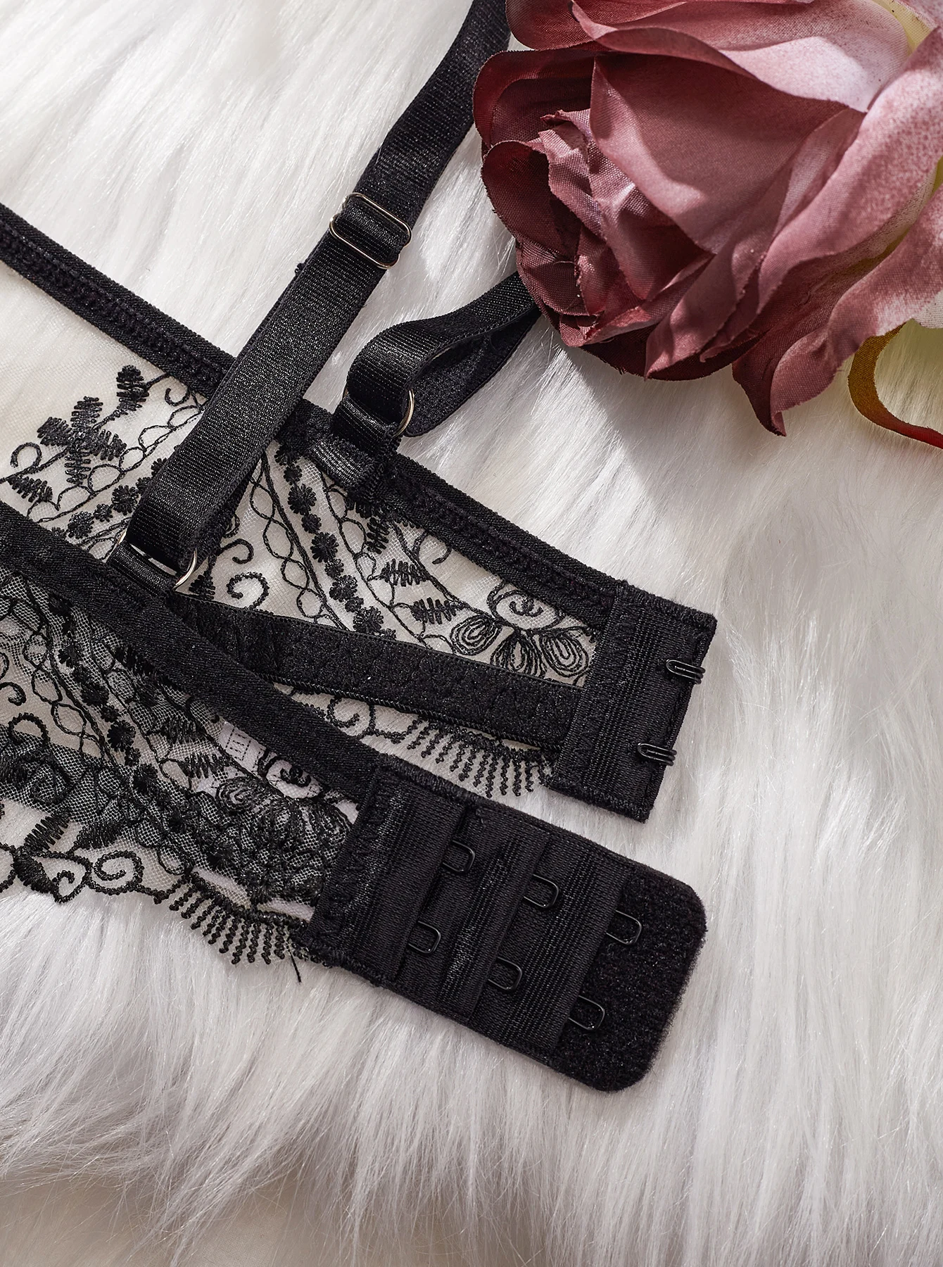 MUZISKAT Floral Embroidery Lingerie Sets Garter Belt for Women Erotic Underwear Mesh See Through Sexy Hollow Out Bra Panties Set