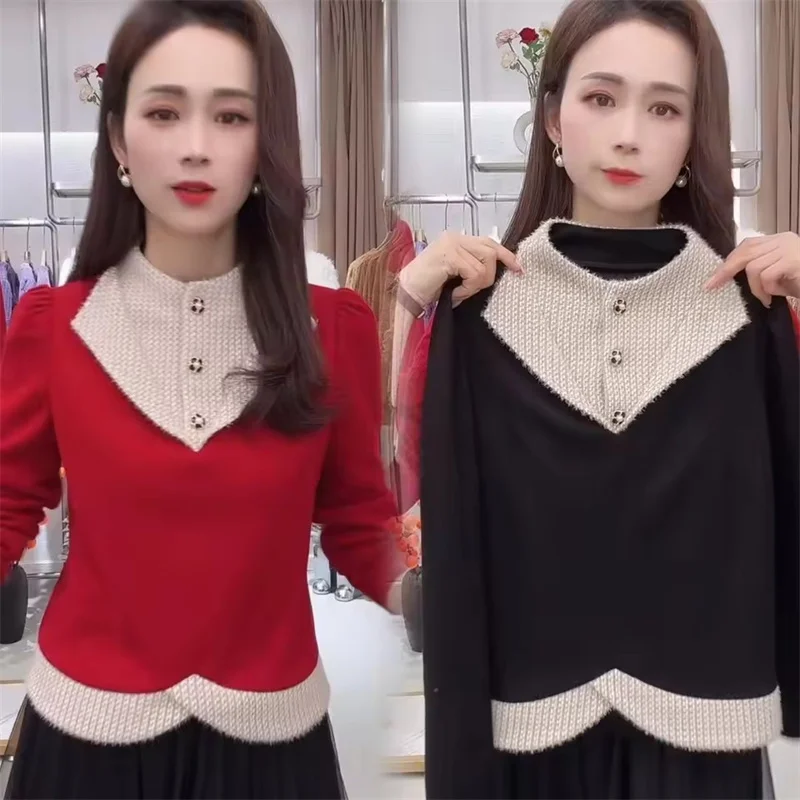 

2026 Autumn Winter Contrasting Small Fragrance Coat Women's Explosions New Fashion Pullover Fake Two-Piece Bottoming Top Ladies