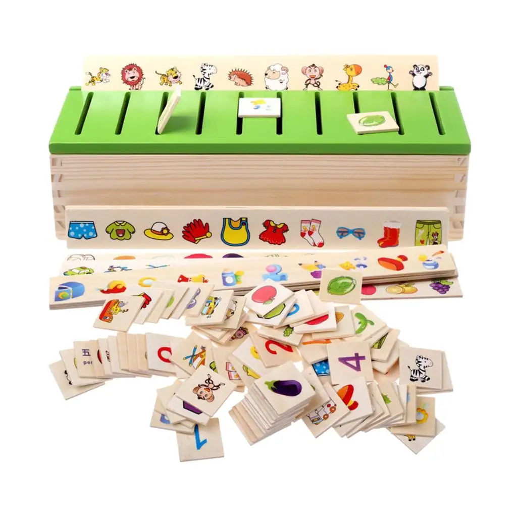Set di giocattoli per smistamento in legno per bambini Ordina in numeri, vestiti, figure geometriche, verdura, frutta, animali, giocattoli, veicoli
