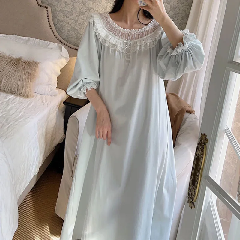 Sexy Cotton Lace Trim Long Robe Peignoir Sleepwear Women Princess Nightwear Gown Fairy Vintage Nightgown Victorian Night Dress