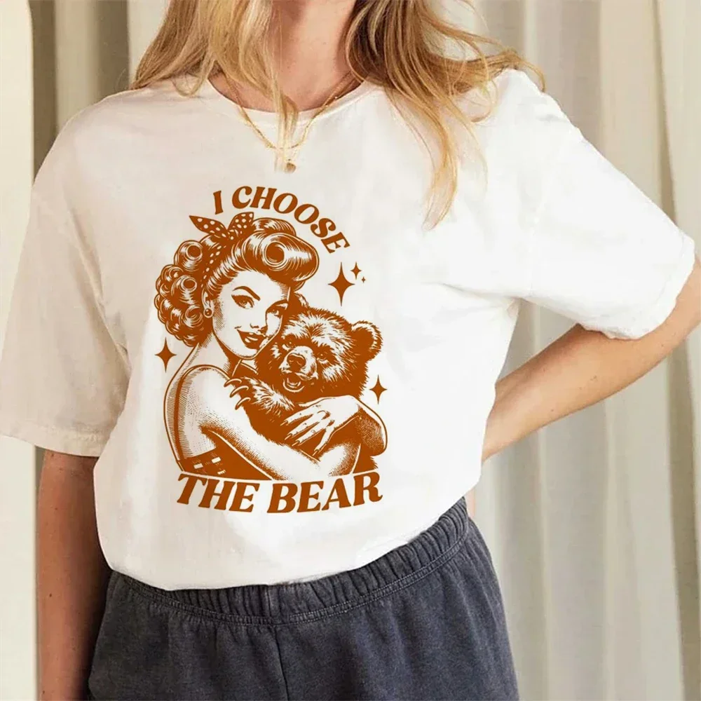 Vintage Womens I Choose The Bear Women T-Shirt Personality Trend Casual Tee Clothing Street Creative Tops Female Short Sleeve