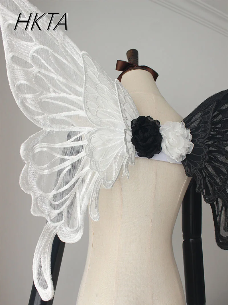 Feito à mão gótico bruxa preto branco cor dupla cos borboleta asa volta decoração lolita meninas bonito kawaii borboleta asas de anjo
