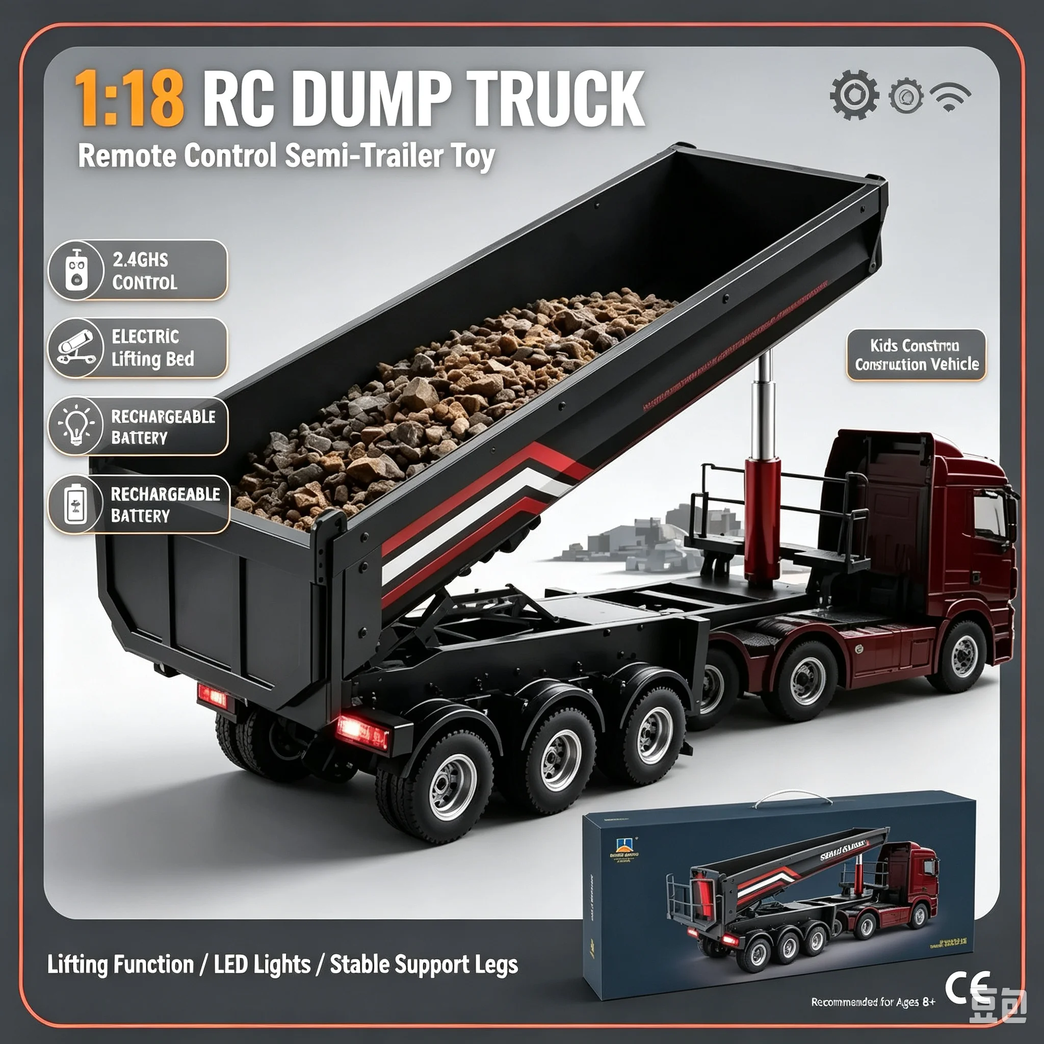 Huina 1/18 1509 Rc Semi Dump Trailer Electric Lifting For Rc Tractor Truck 1501 Tail Light Support Leg No Sound System Model Toy