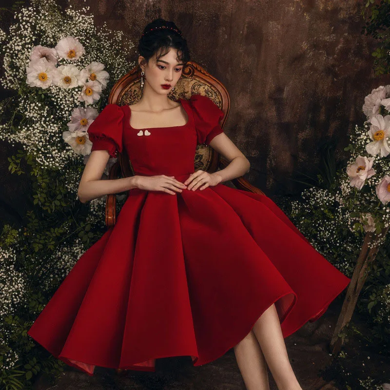 

Ele Long Dr for Small Women Bubble Sve Wedding Dr Suitable for Engagement And House Return Ocns Red Wine Color