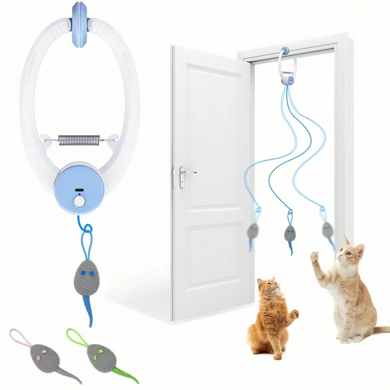 Interactive Cat Toy for Paws Claws, Auto-Rebound Hanging Teaser with 3 Bouncing Mice & Retractable String, Safe Exercise Fun
