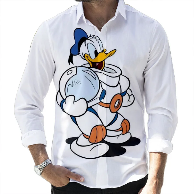 2022 Fall New Disney Donald Duck Mickey and Goofy Brand Cartoon Casual 3D Printed Long Sleeve Lapel Shirt Slim Fit Men\'s Top