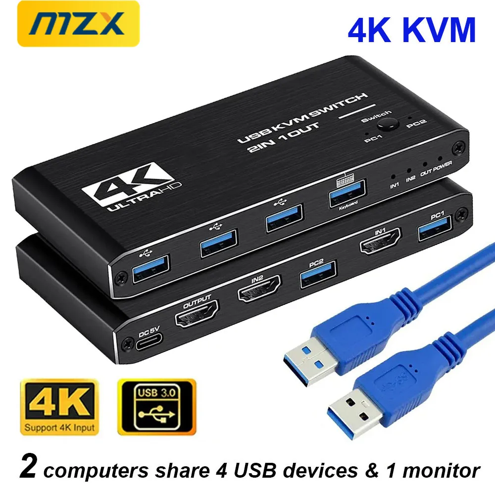 MZX KVM Switcher USB 3.0 Hub Switch HDMI-Compatible 4K Selector Docking Station 2 Computer Share 4 USB devices Keyboard Monitor