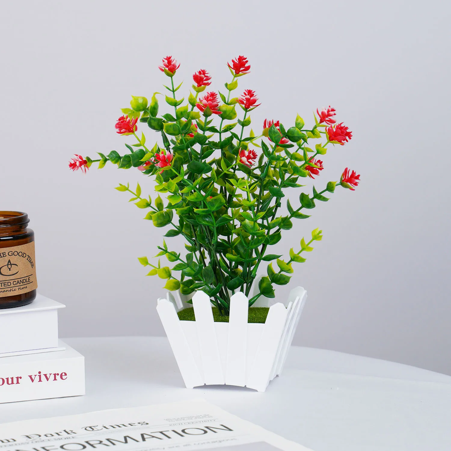 Plantas artificiales en maceta para decoración del hogar, bonsái falso de simulación, rosa, amarillo, rojo y naranja, adorno de flores para jardín