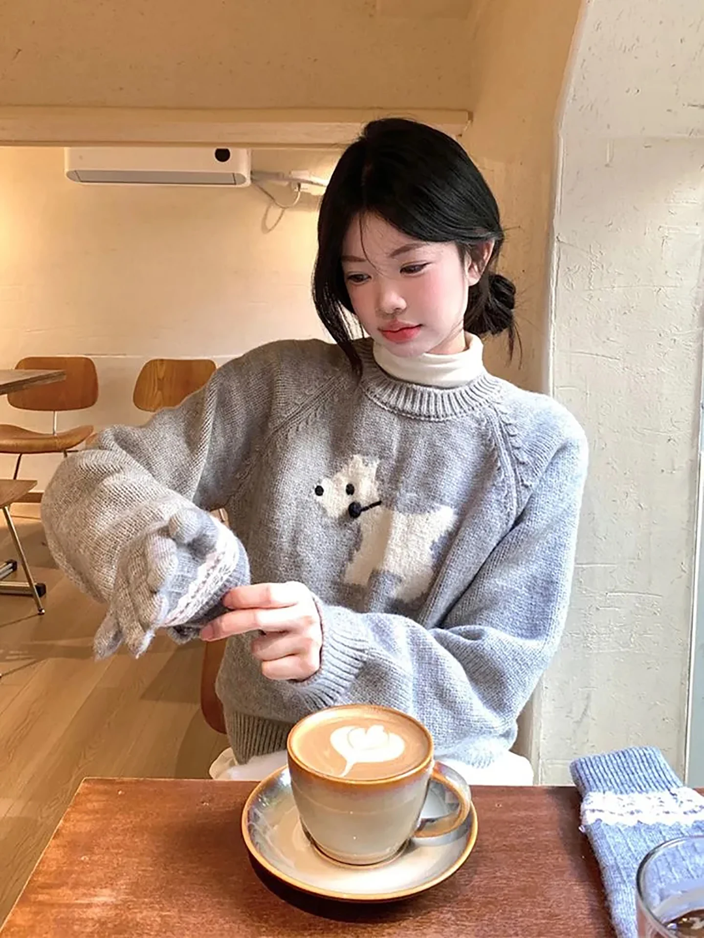 

Cute Dog Knitted Sweater Women's round Ne Korean Sle Lazy Versatile Commuter Sweater Autumn Winter Long Sve Casual Top