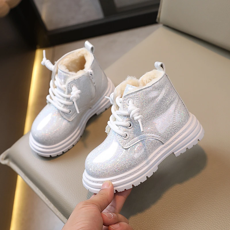 Toddler Winter Kids Boots Glitter Chunky Zipper Non-slip Children Short Boot Ankle-high Unisex Trendy 21-30 Boys Girls Shoes