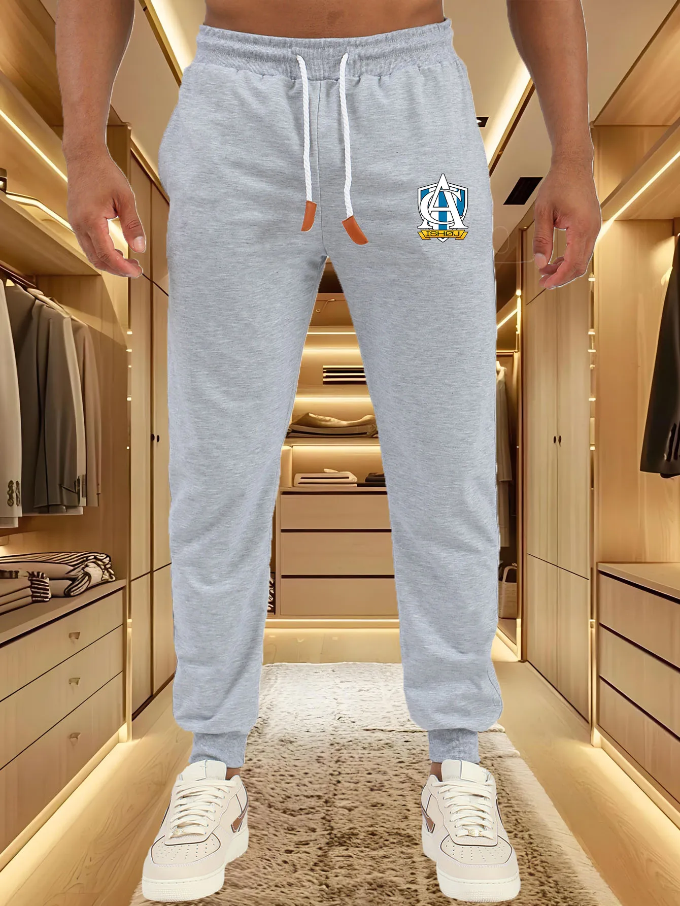 

Men Jogger Pants Shield CA Letter Emblem Logo Print Elastic Waist Drawstring Sweatpants Men Casual Street Sports Trousers Side P