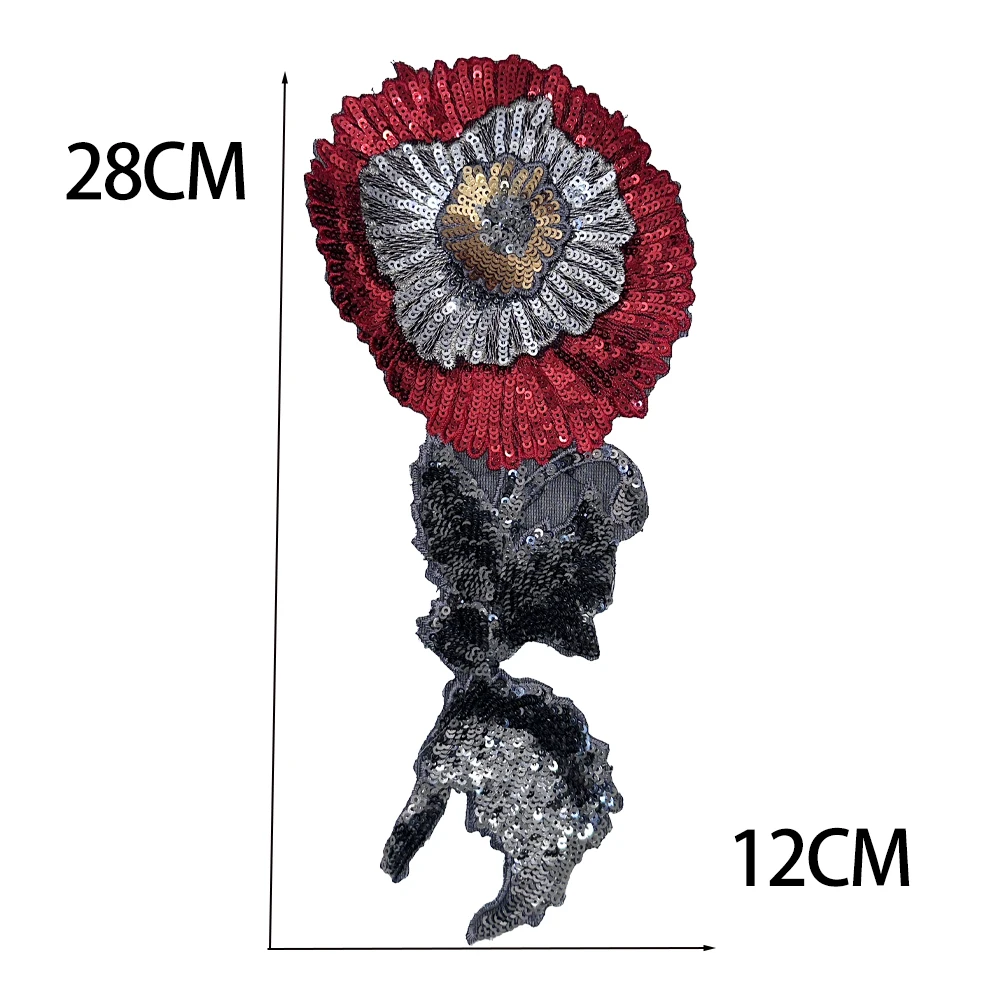 1 Piece 12*28 cm Sew on Sequin Symmetrical Flower Applique, DIY Decoration, Cartoon Patch, Big Size Clothing Accessories Red