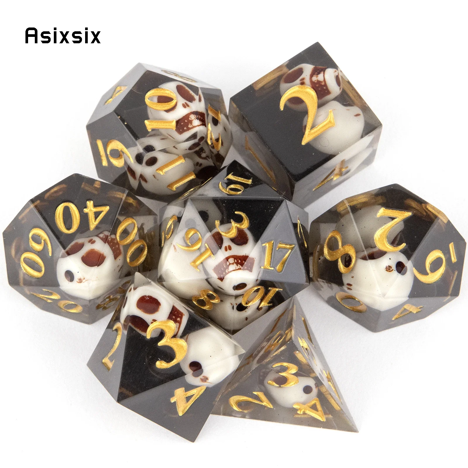 

7 Pcs Black Skull Resin Golden Number Sharp Edge Dice Polyhedral Dice Suitable for Role-Playing RPG Board Game Card Game