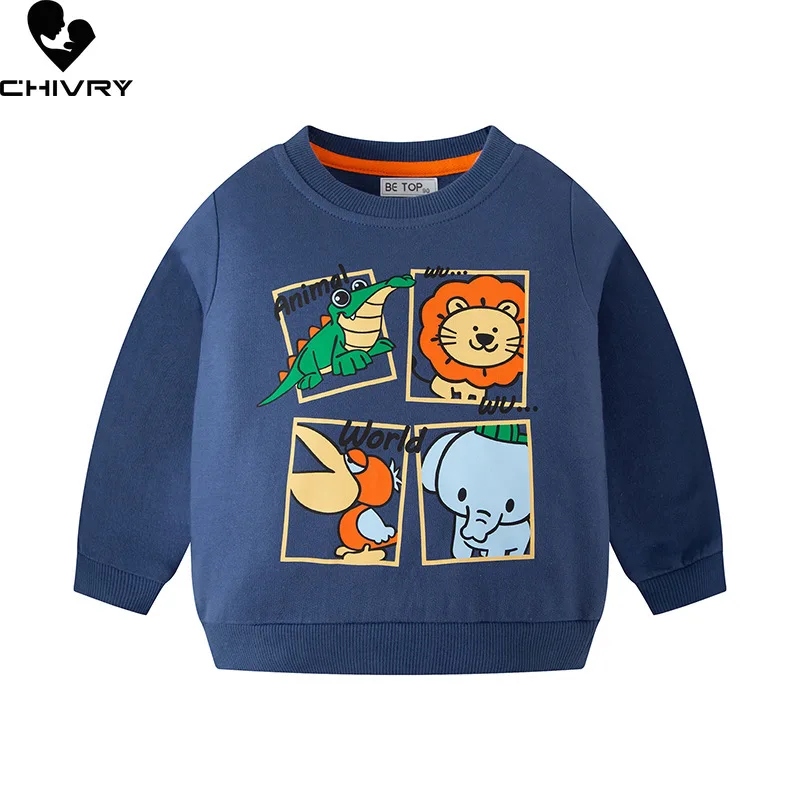 

New Kids Autumn Winter Fashion Pullover Sweatshirt Baby Boys Cartoon Animal Print Round Neck Knitted Sweatshirts Sports Tops