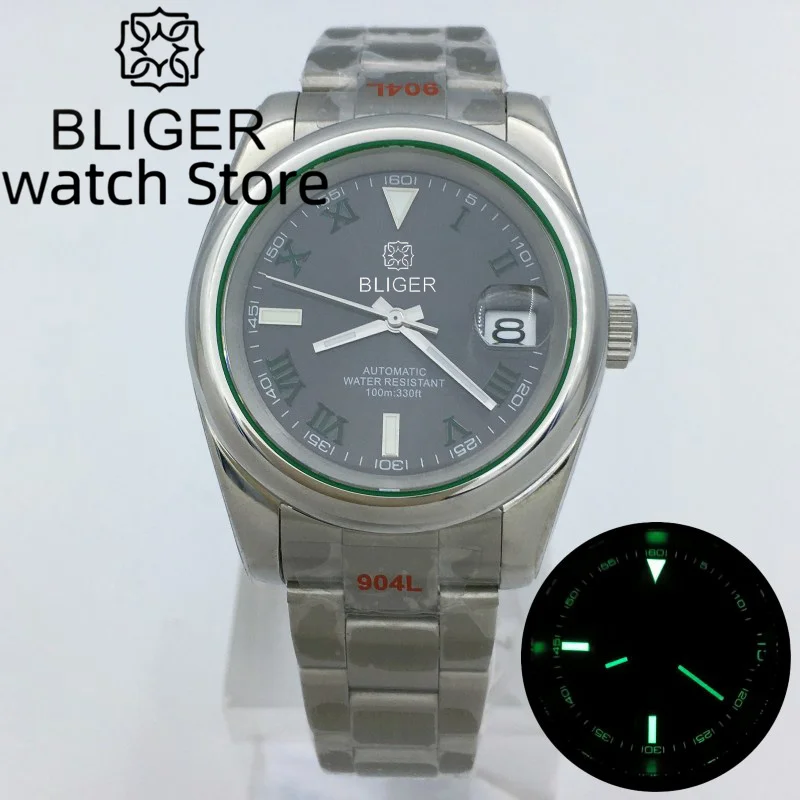 

BLIGER 39mm NH35A Watch For Men Polished Case Circular Bezel Green Edge Gray Dial Green Roman Scale Sapphire 904L Brushed Strap