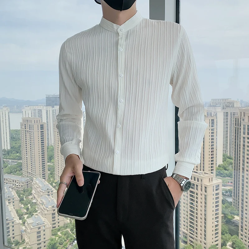 

Мужская осенняя модная рубашка с длинным рукавом, повседневная деловая, с маленьким воротником-стойкой, белая, из бамбукового угольного волокна, приталенного кроя