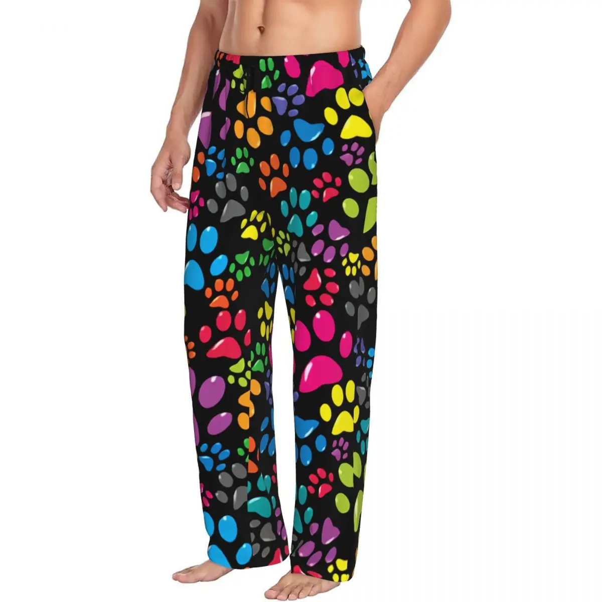 Custom Print Men's Cat Dog Animal Paw Prints Pajama Pants Sleep Sleepwear Bottoms with Pockets