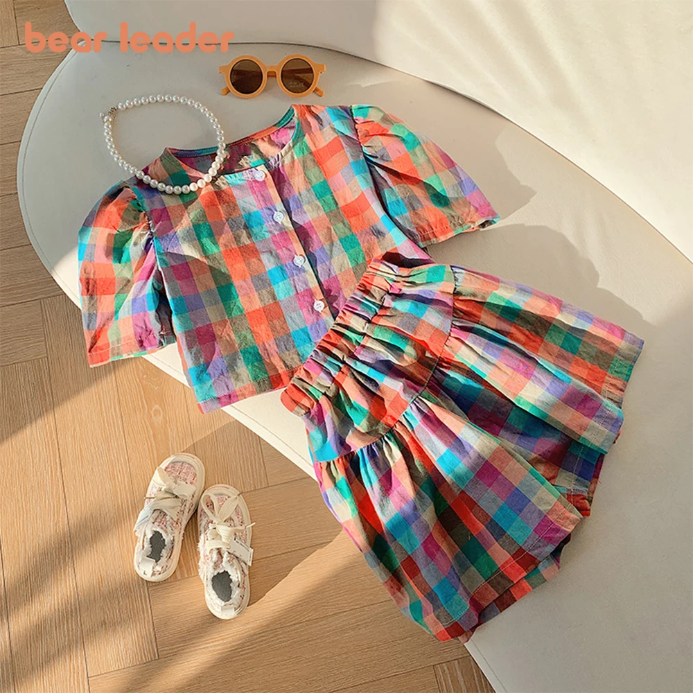 Bear Leader Girls' Set 2023 Summer New Korean Children's Clothing Colorful Plaid Bubble Sleeve Shirt+Shorts Two Piece Girls' Set