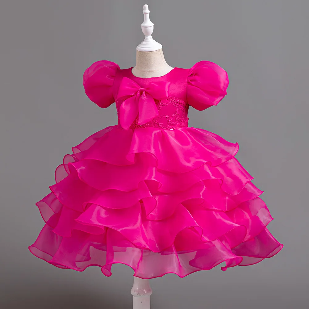 Girl's train layered dress princess birthday dress piano performance hot pink dress four colors