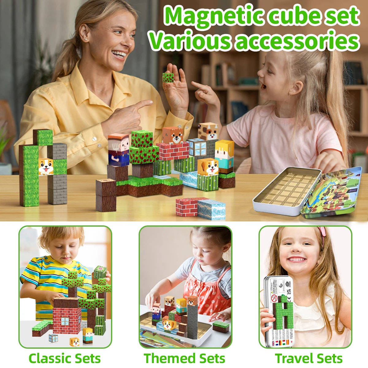 32개 자석 블록 동물 숲 세트 (3세 이상) DIY 모델 어린이 STEM 교육용 감각 장난감 (철제 상자 포함)