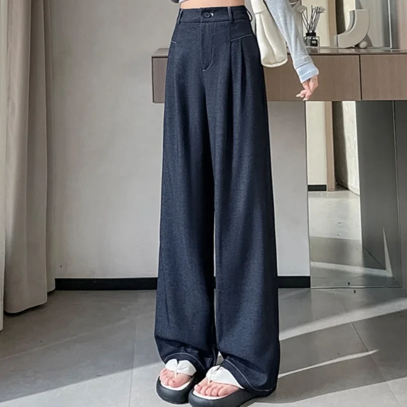 2025 ฤดูใบไม้ผลิฤดูร้อนใหม่ผู้หญิงวินเทจกางเกงขากว้างเอวสูงสบายๆหลวมสีดําตรงความยาวเต็มกางเกงสําหรับสตรี