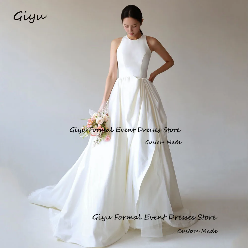 

Giyu Simple A-line Korea Wedding Dress Photo Shoot O-Neck Floor-Length Vestidos De Novias 2024 Backless Sleeveless Bridal Gown