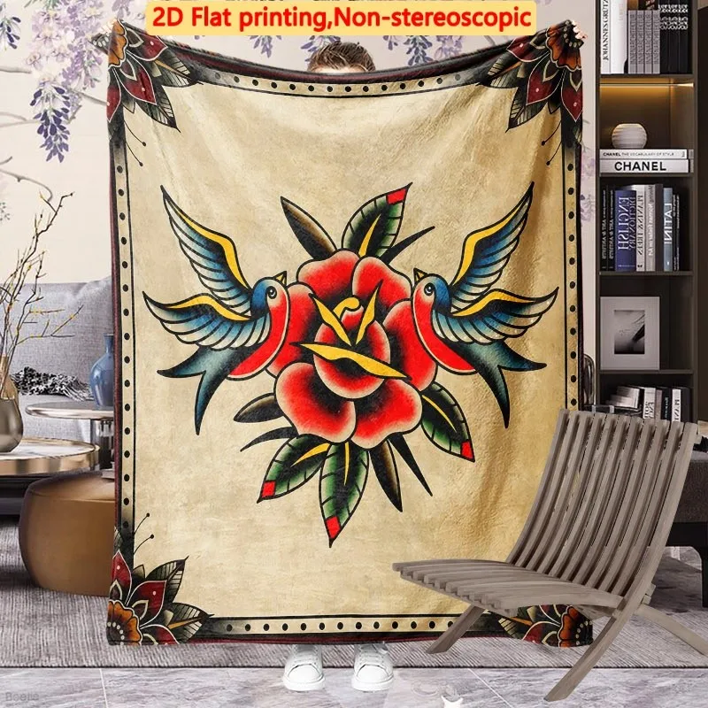Traditional Tattoo Rose Swallow Flannel Throw Blanket, Vintage Old School Art Soft Warm Blanket for Sofa Bed Home Decor Gift