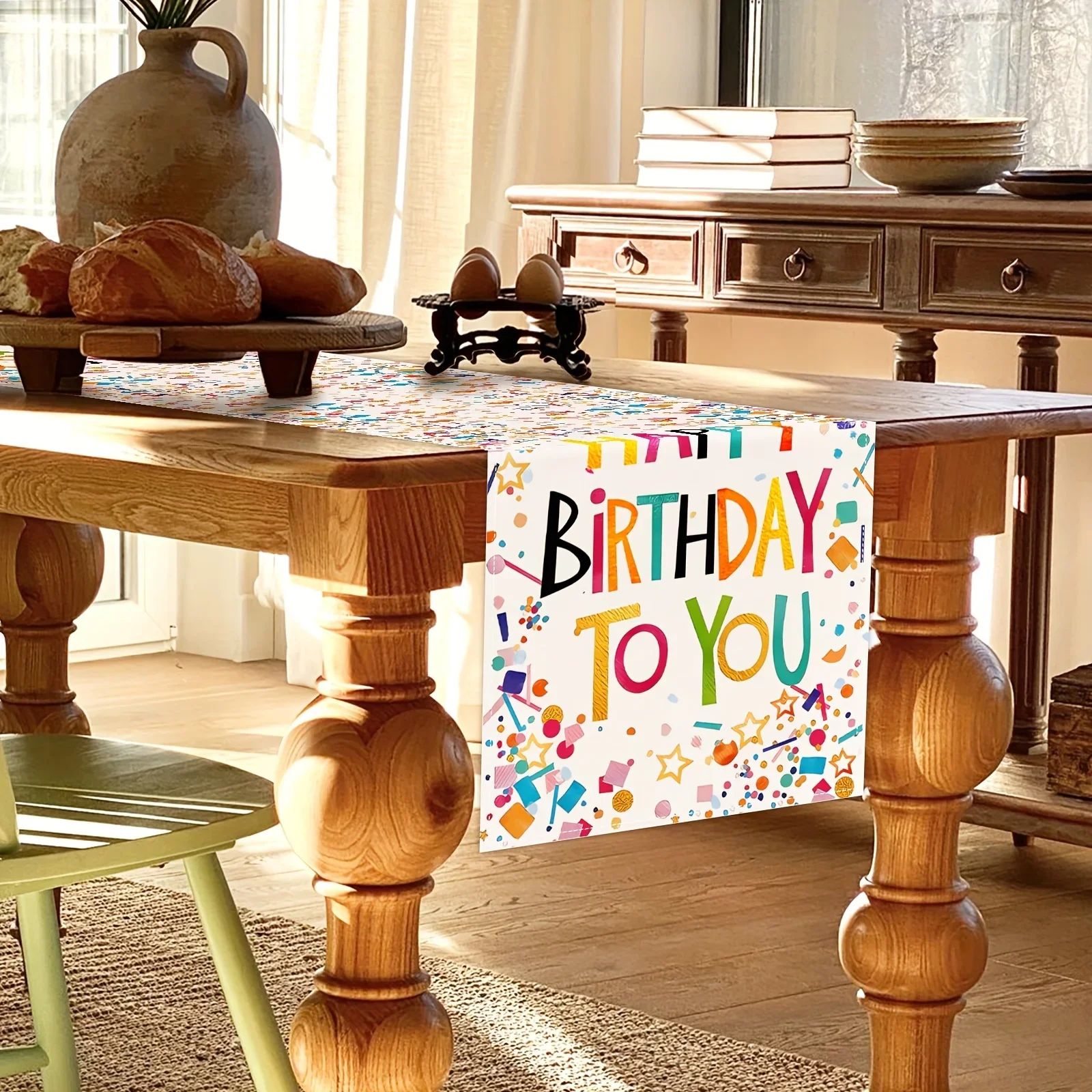 1Pc Festive Table Runner White Happy Birthday To You Confetti Print Table Cover For Party Celebration Desktop Decoration Tableto