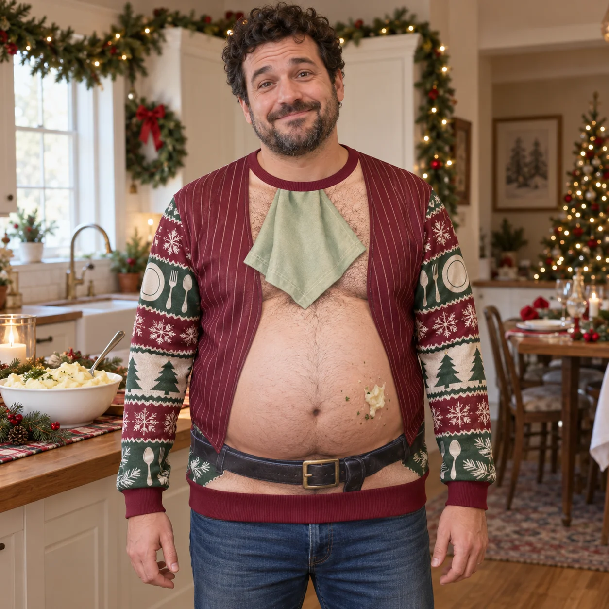 Weihnachts-Dinner-Bauch-Design, hässlicher Weihnachtspullover für Herren, 3D-Druck, Polyester, Rundhals-Sweatshirt, lustiger Pullover für Feiertagspartys. – Detail 7