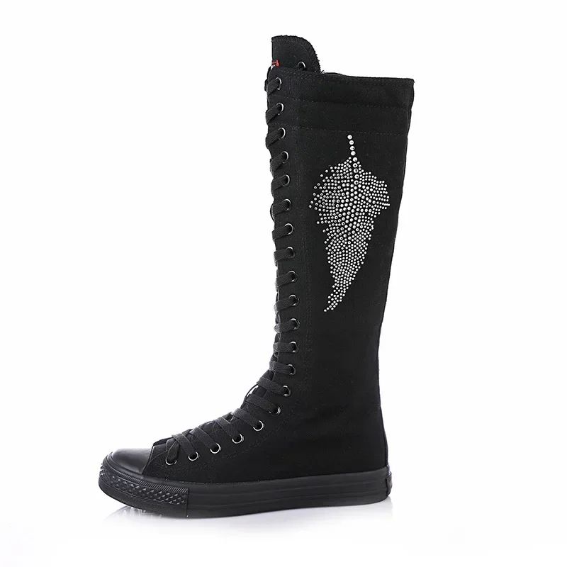 High-top Long Canvas Boots Women\'s Fashion Hot Drill Wild Dance Hip-hop Lace Up Zipper Punk Rivet Boots Canvas Women\'s Shoes