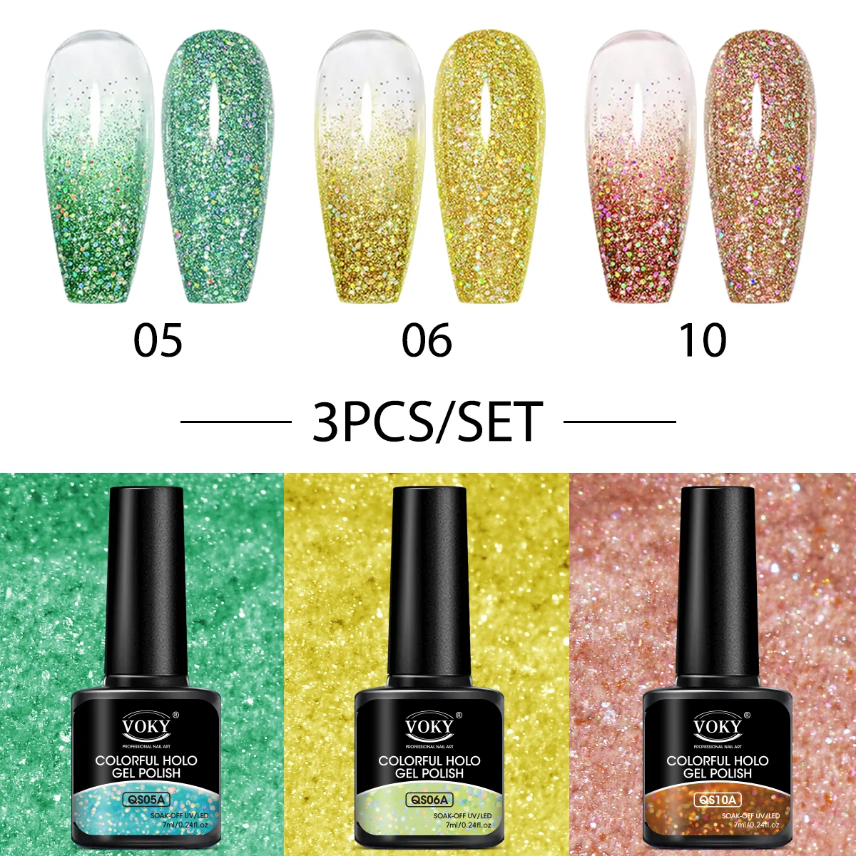 VOKY 3PCS Color Gel Laser Effect Bright UV LED Lakier do paznokci do klejenia paznokci, idealny do oszałamiającej pielęgnacji paznokci na wiosnę i lato