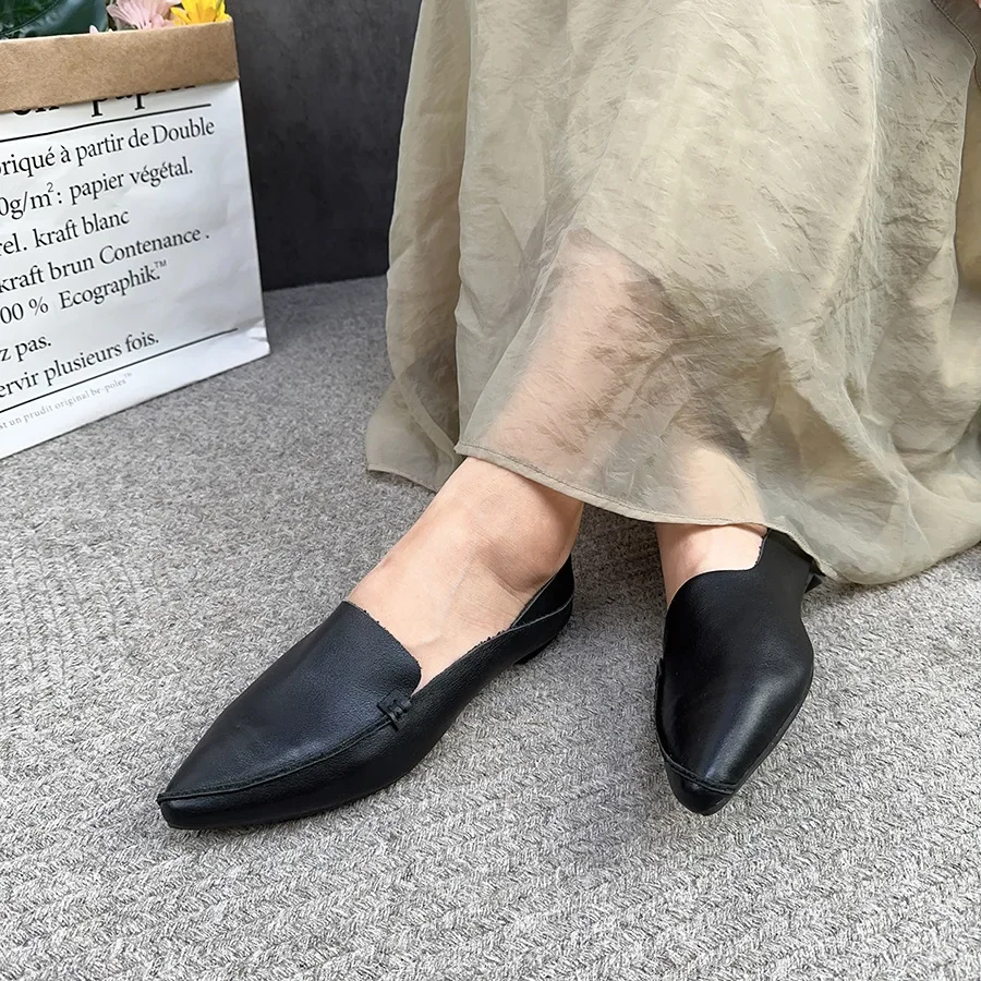 Birkuir Pointed Toe Loafers Women Flats Shoes Retro Genuine Leather Comfort Casual Shoes Closed Toe Soft Soles Ladies Shoes