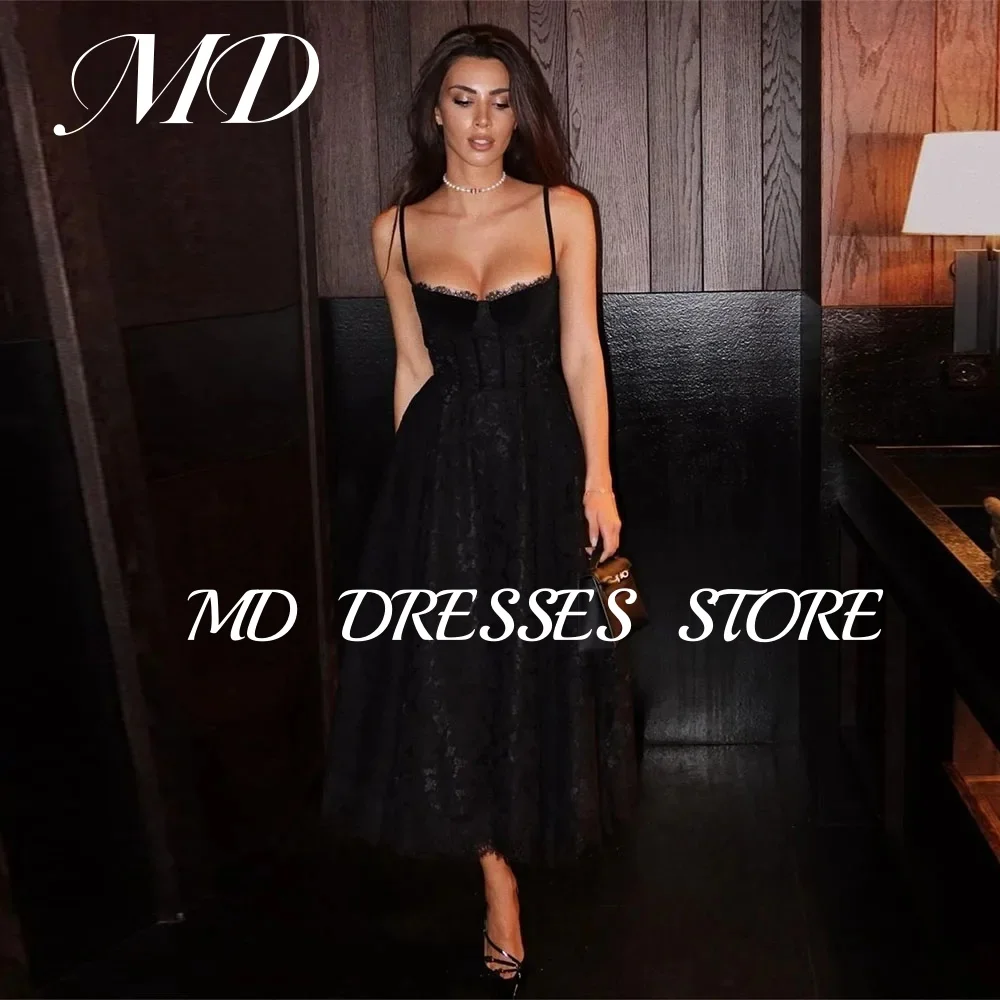 

MD Modern Black A-line Lace Evening Gown Spaghetti Straps Sleeveless Appliques Special occasion vestidos de fiesta customised