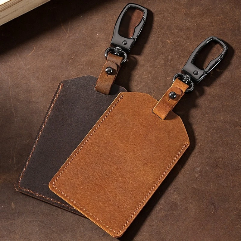 

Thin Crazy Horse Leather Key Card Holder - Compact Protective ID Badge Cover with 2 Styles Metal Buckle, Detachable Key Ring