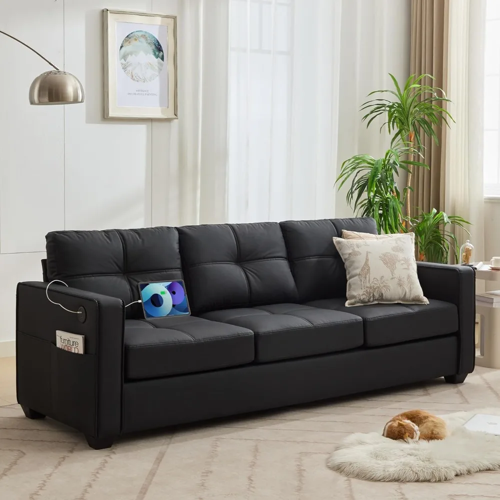 Faux Leather Sofa Couches for Living Room, Mid-Century Modern Tufted Comfy Small Loveseat