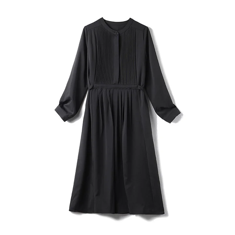 Elegante vestido Midi emendado com decote em O feminino, vestido bandagem solto, dobra-laço, manga comprida, vestidos casuais monocromáticos, roupas