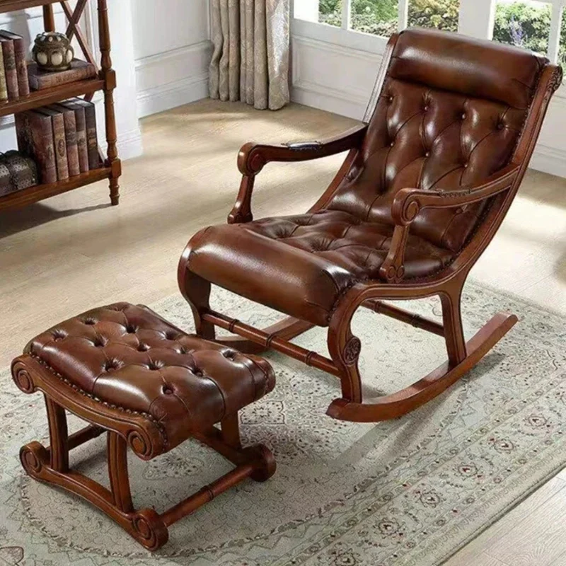 

American solid wood casual small shake European leather noon chair balcony living room the elderly lying with pedals retro