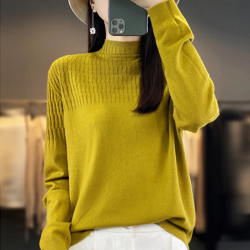 Women's Sweater Autumn/Winter Solid Color Knitwear Half Turtleneck Pullover Casual Loose Ladies Clothes Basics Blouse  Tops