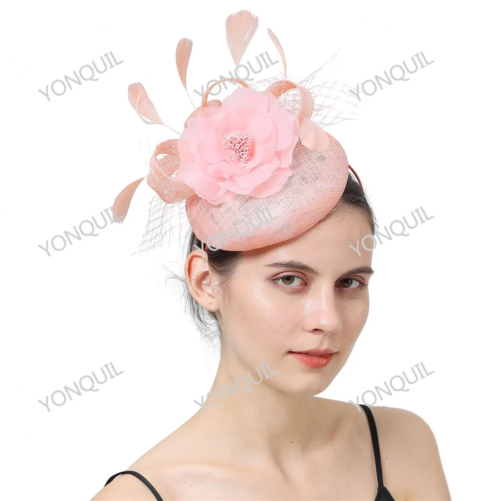 

Pink Silk Flower Sinamay Millinery Women Fascinator Hat Headband Bow New Wedding Headpiece With Hair Clip Bridal Party Headpiece