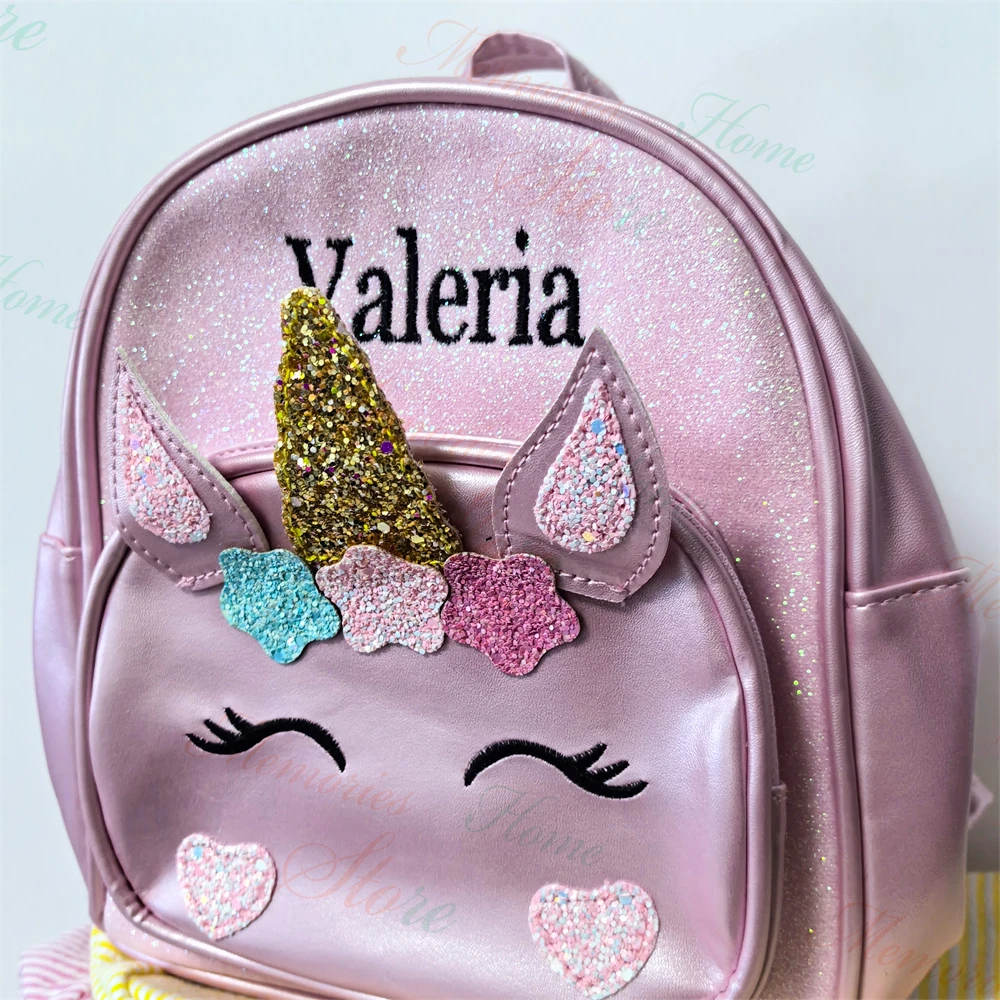 Girl\'s PU Unicorn Schoolbag Personalized Name Children\'s Kindergarten Princess Bag Kids Out going Travel Shoulder Snack Bags