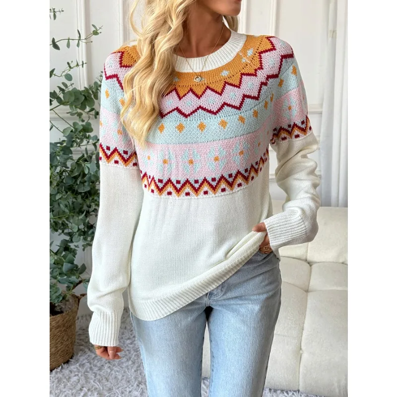 

Women's Nordic Pattern Knit Sweater Crew Neck Long Sleeve Casual Pullover Top