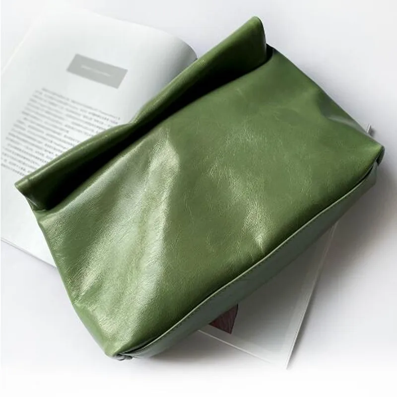 Light purple oil wax fashion Personality roll-edge leather bag lazy casual leather bag Women High Quality holding large bag