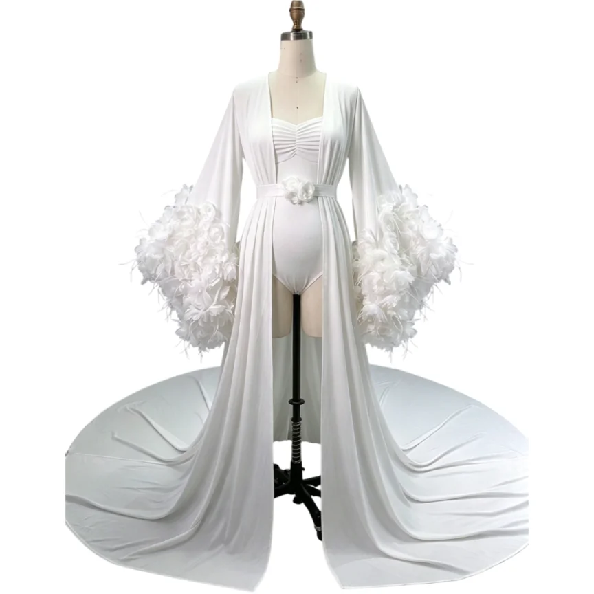 Stunning Robe Wide Flare Sleeve Feather Trim Soft Satin Waist Belt Open Front Long Train Maternity Portrait Sessions Customized